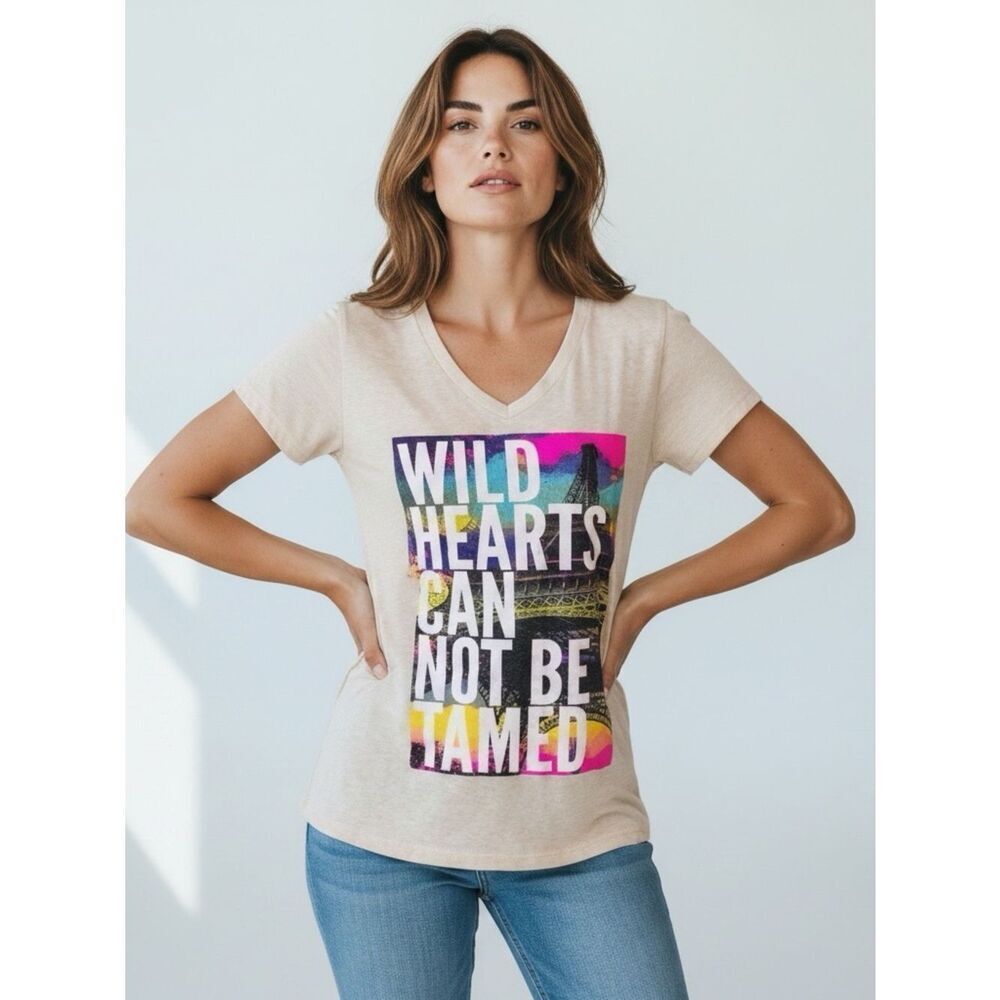 Beige V Neck Short Sleeve Graphic Tee T-Shirt Wild Hearts Can Not Be Tamed NWT